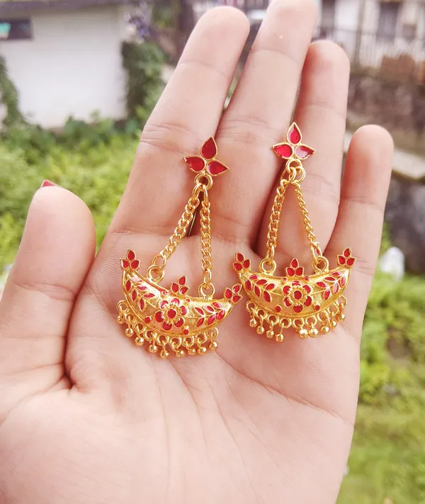 Assamese_Traditional_Copper_Gold_Plated_Red_Colour_Jhumki_Earring_For_Girls_&_Women